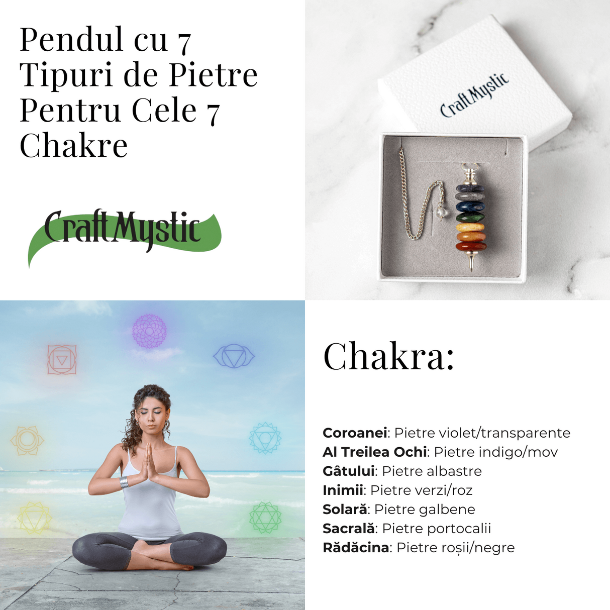 Pendul cu 7 Inele si Pietre Naturale - Echilibru si Vindecare Chakre