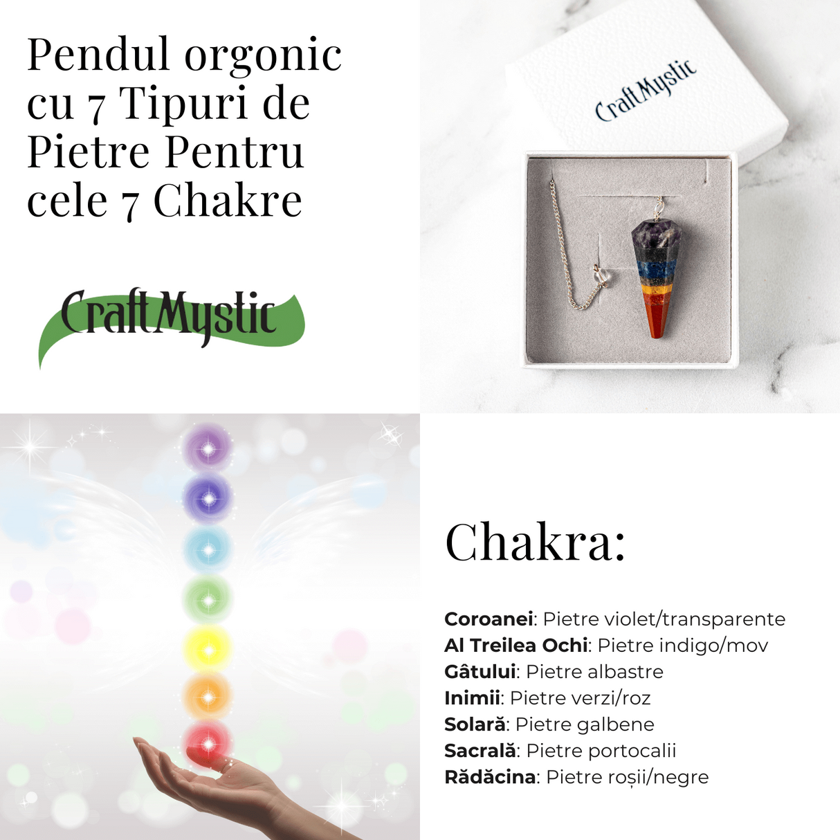 Pendul de Radiestezie cu Pietre 7 Chakre - Echilibru Energetic si Claritate