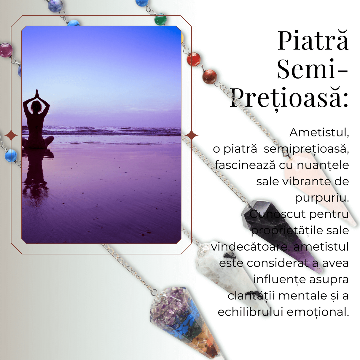 Pendul Radiestezie Ametist cu 7 Margele Chakre pentru Vindecare
