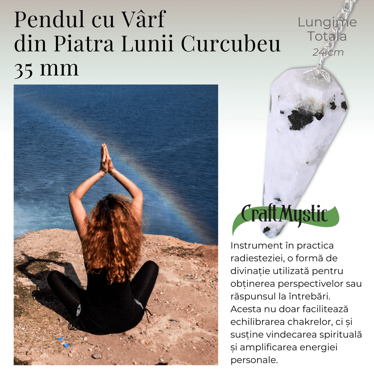 Pendul Piatra Lunii Curcubeu cu 7 Margele Chakre - Echilibru si Claritate