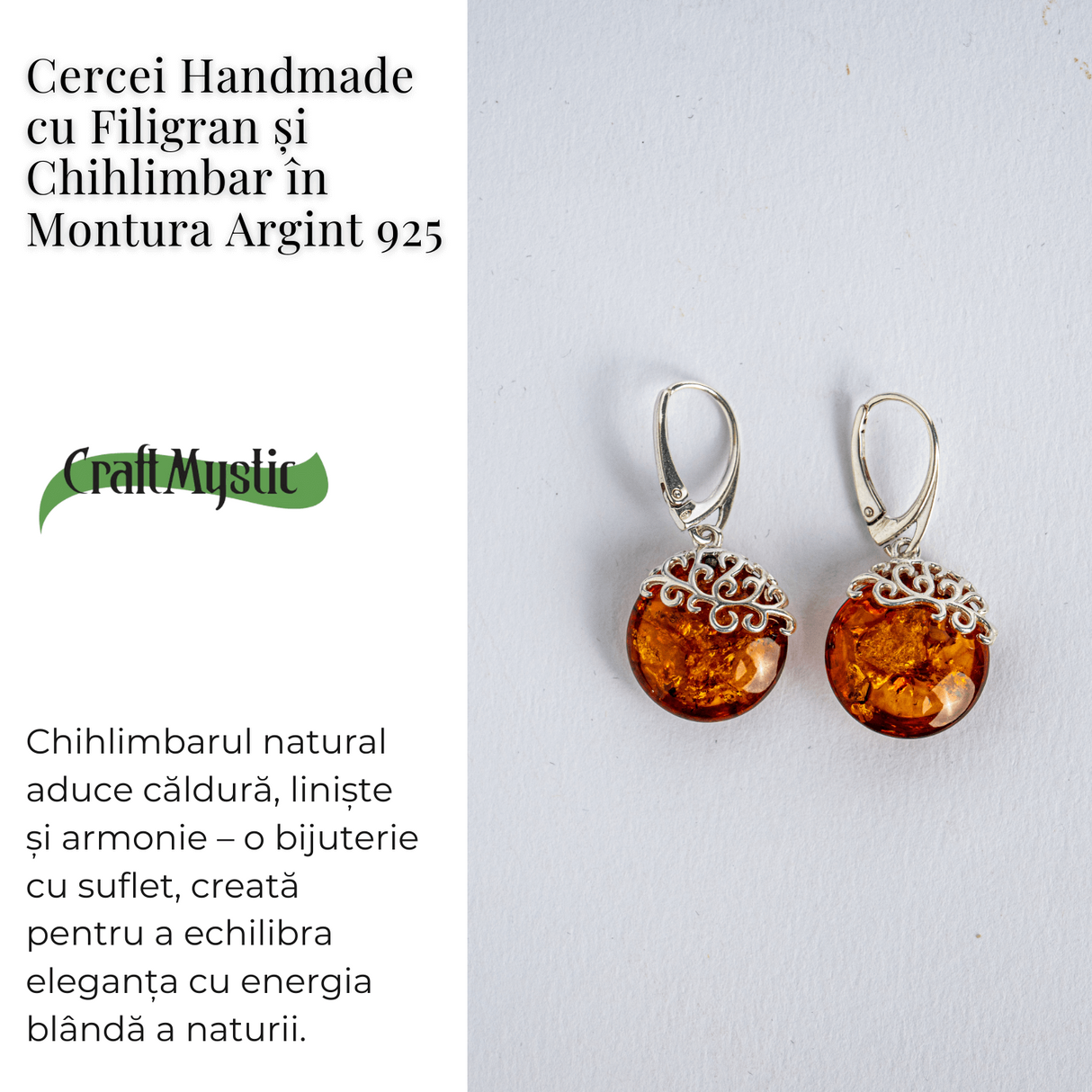 Piatra caldurii si linistii - Cercei handmade cu filigran si chihlimbar in montura argint 925