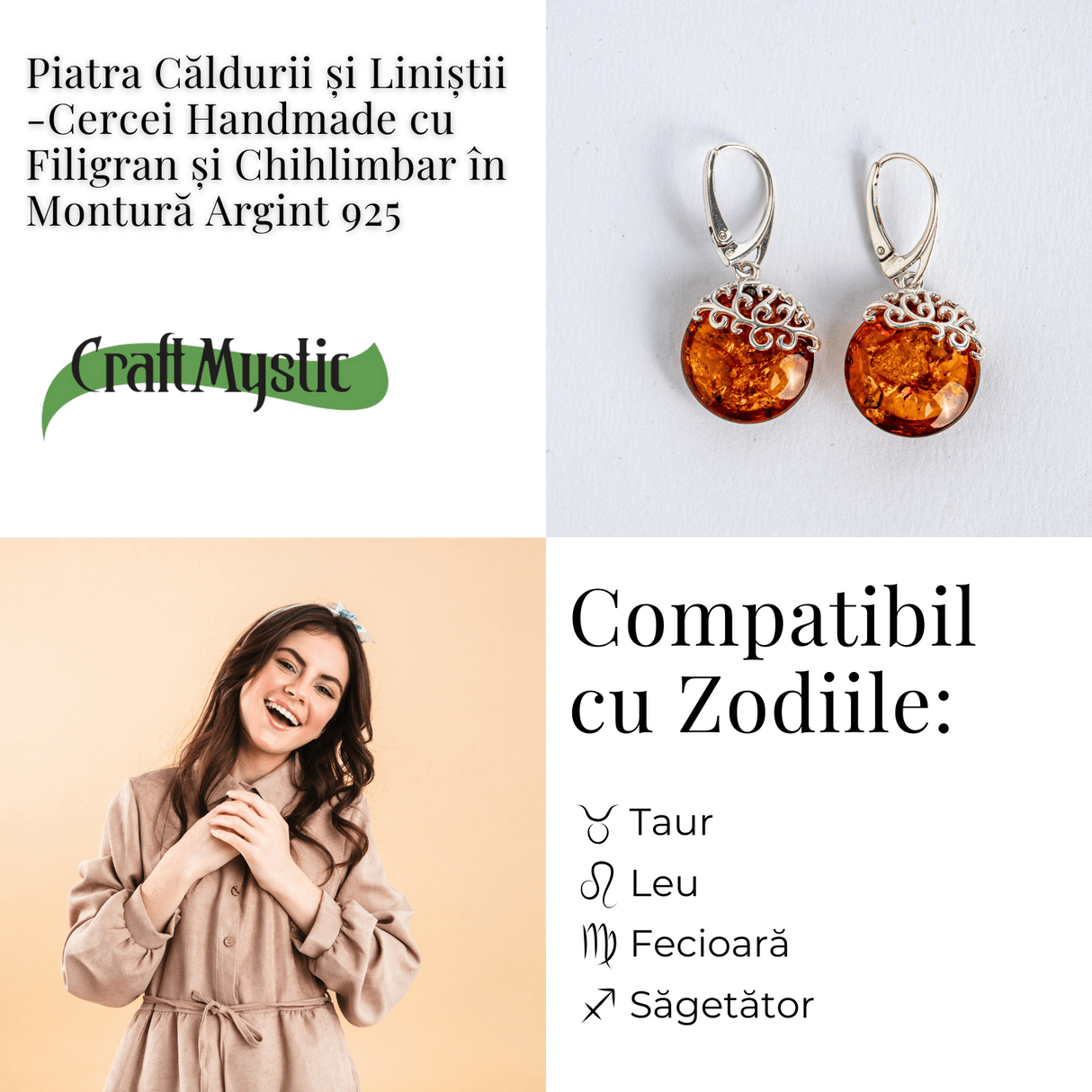 Piatra caldurii si linistii - Cercei handmade cu filigran si chihlimbar in montura argint 925