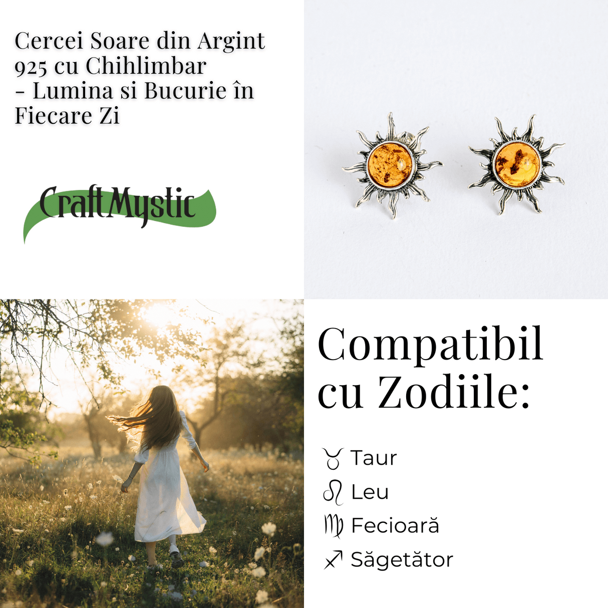 Cercei Soare din argint 925 cu chihlimbar - Lumina si bucurie in fiecare zi