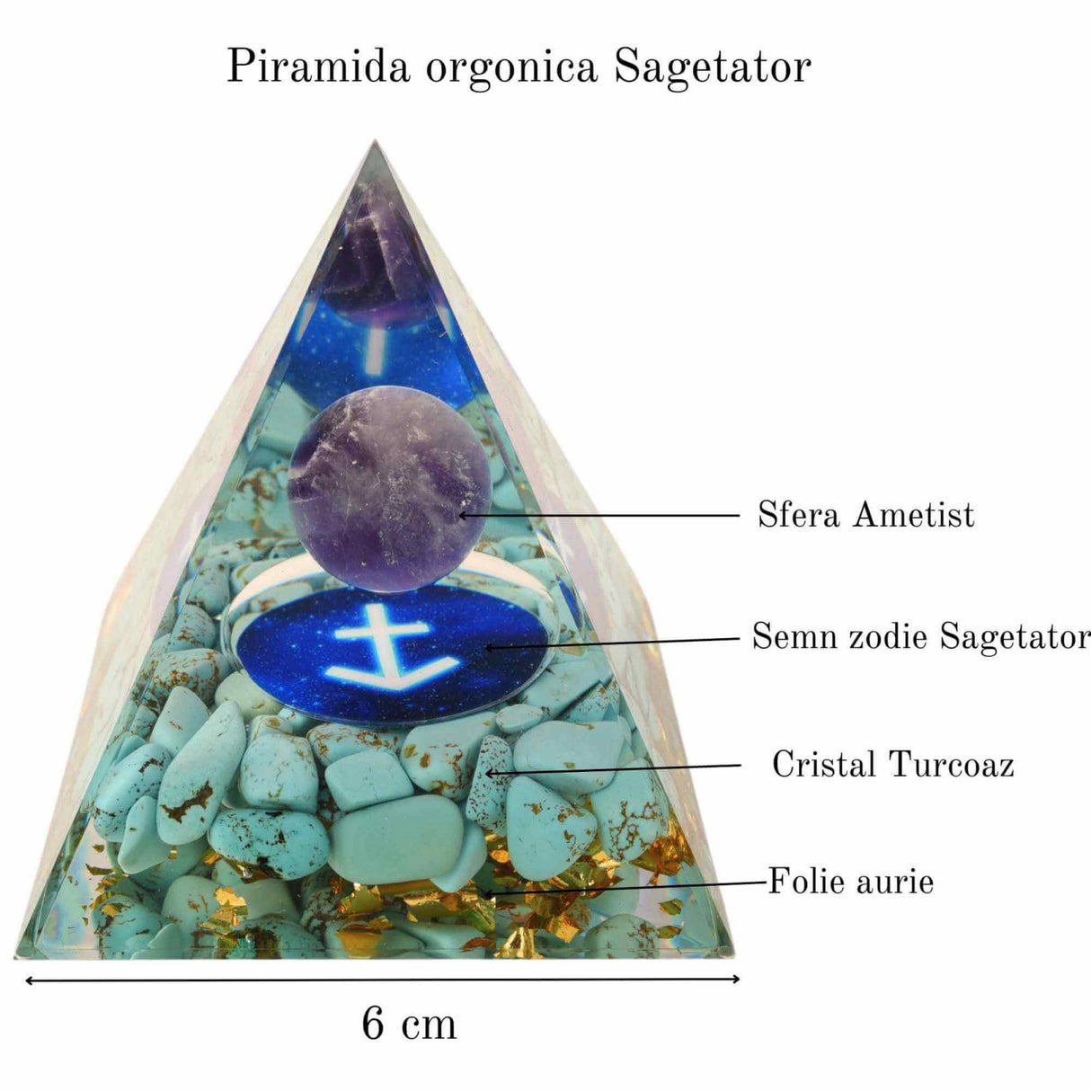 Piramida de Energie Orgonica 6 cm cu Cristale de Vindecare specifice Zodiei Berbec pentru Relaxare, Meditatie si Ornament