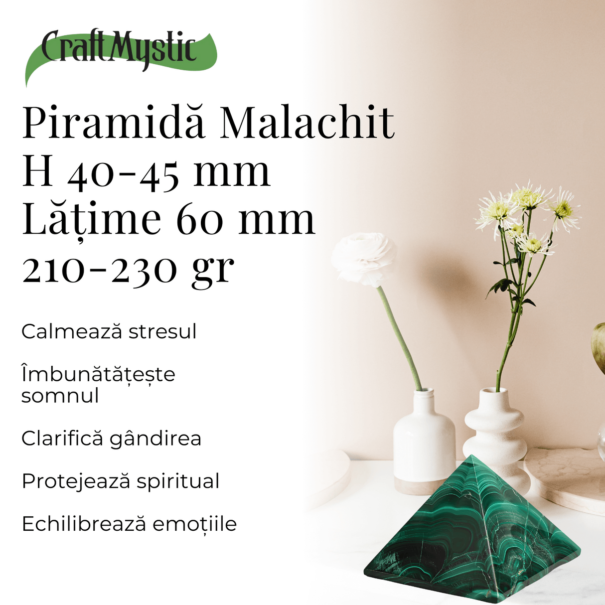 Piramida Malachit natural H 40-45 mm Latime 60 mm 210-230 gr - Sursa de Echilibru și Armonie