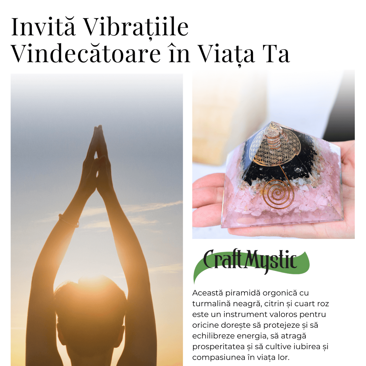 Piramida orgonica cu Turmalina neagra, Citrin, Cuart roz - Protectie si Armonie