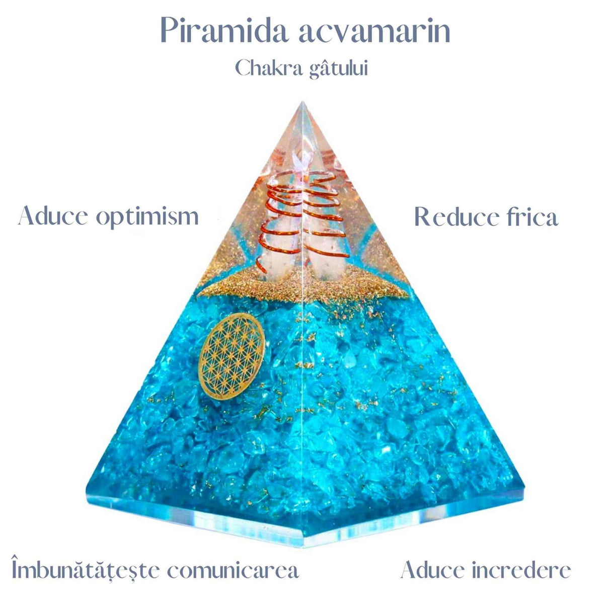 Piramida Orgonica cu cristal Acvamarin si simbolul floarea vietii 8 cm - pentru energie pozitiva, curaj, eliminarea fricii si a stresului