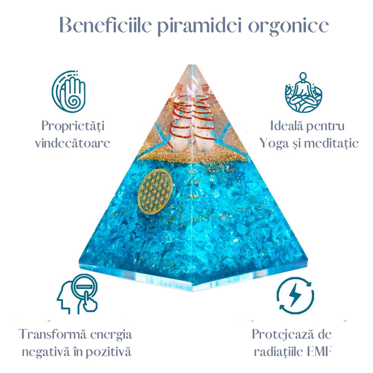 Piramida Orgonica cu cristal Acvamarin si simbolul floarea vietii 8 cm - pentru energie pozitiva, curaj, eliminarea fricii si a stresului