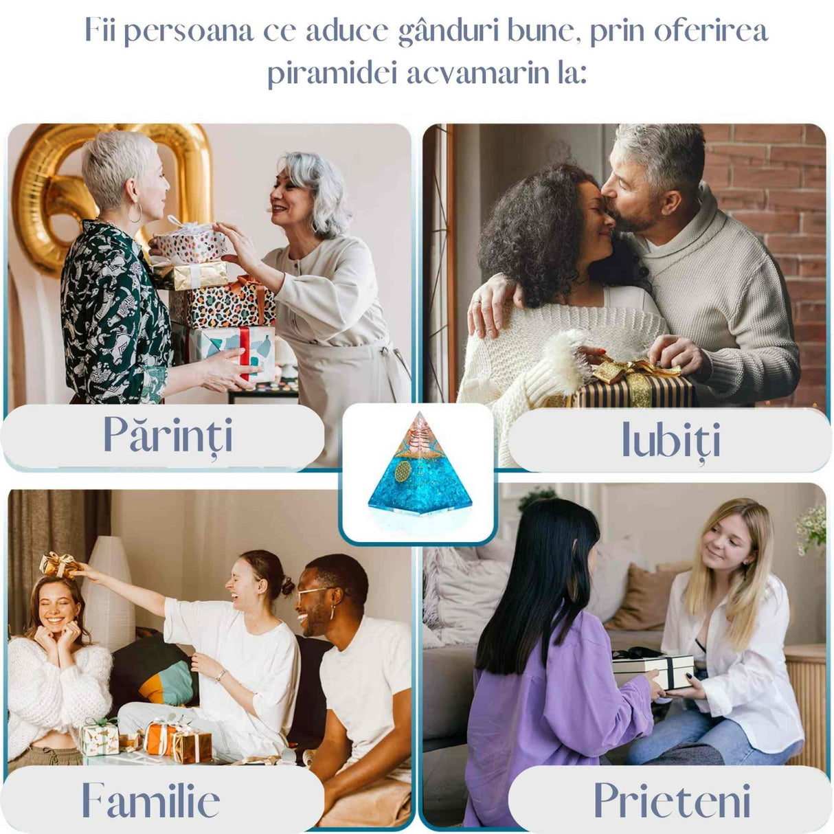 Piramida Orgonica cu cristal Acvamarin si simbolul floarea vietii 8 cm - pentru energie pozitiva, curaj, eliminarea fricii si a stresului