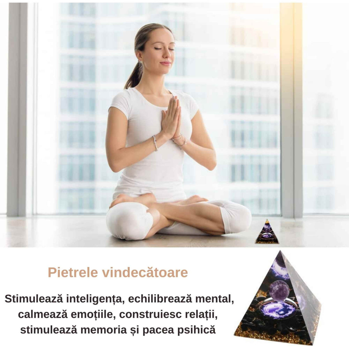 Piramida Orgonica cu cristale vindecatoare de Ametist, Obsidian, foita aurie, rasina naturala si sfera din cristal ametist 8 cm - pentru energie pozitiva si reducerea stresului