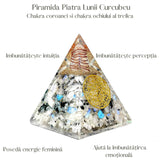 Piramida Orgonica cu Piatra lunii curcubeu si simbolul floarea vietii 8 cm - incurajeaza speranta, sensibilitatea, intuitia si abilitatile psihice