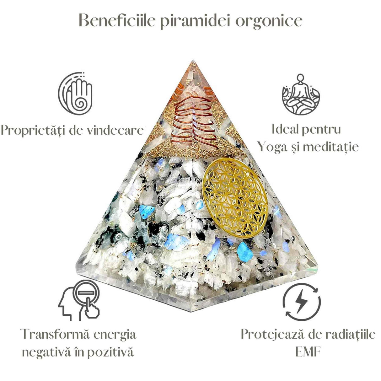 Piramida Orgonica cu Piatra lunii curcubeu si simbolul floarea vietii 8 cm - incurajeaza speranta, sensibilitatea, intuitia si abilitatile psihice