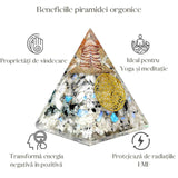 Piramida Orgonica cu Piatra lunii curcubeu si simbolul floarea vietii 8 cm - incurajeaza speranta, sensibilitatea, intuitia si abilitatile psihice