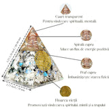 Piramida Orgonica cu Piatra lunii curcubeu si simbolul floarea vietii 8 cm - incurajeaza speranta, sensibilitatea, intuitia si abilitatile psihice