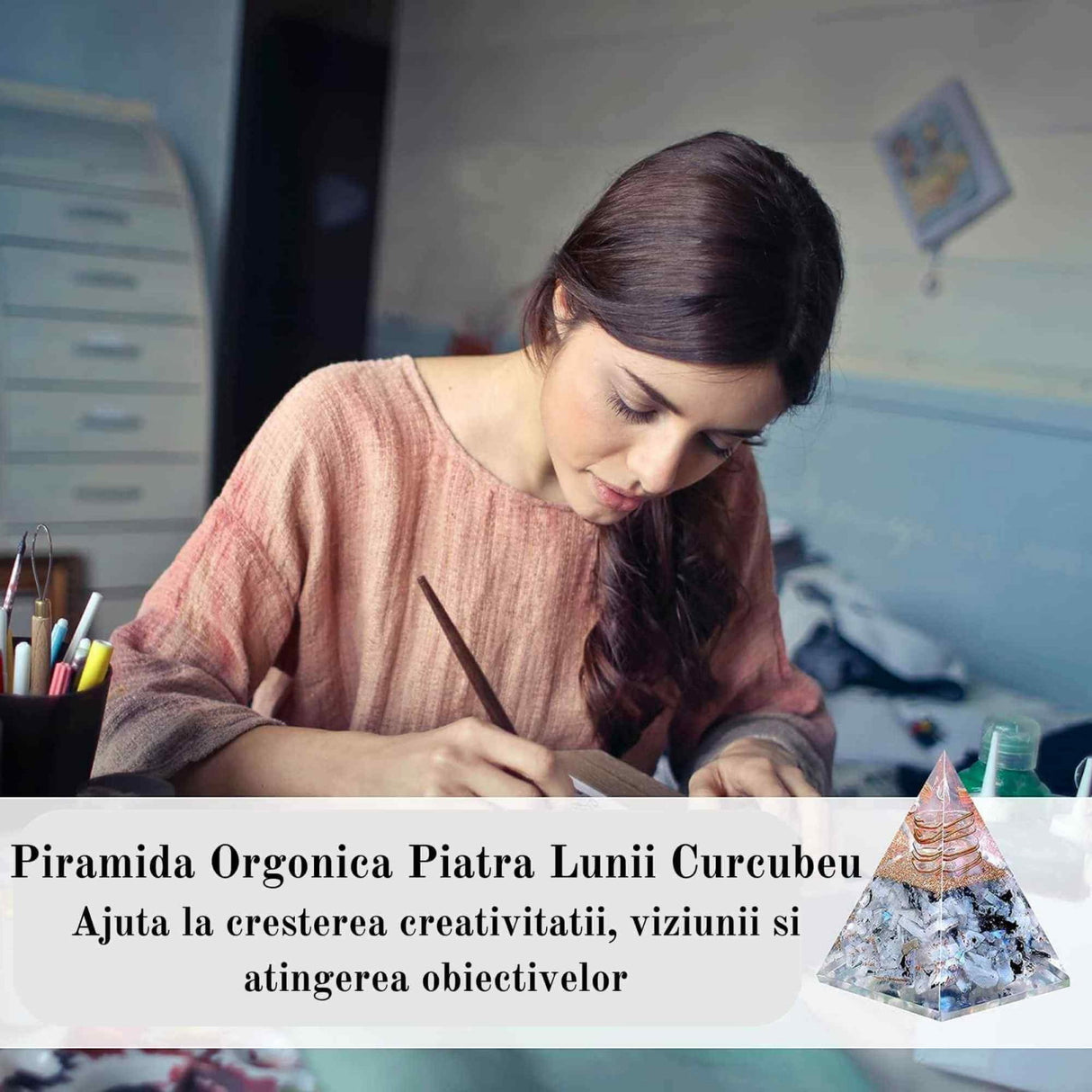 Piramida Inspirationala Orgonica pentru Succes | Piramida Orgone din Piatra Lunii Curcubeu - Liniste - Dezvoltare - Putere