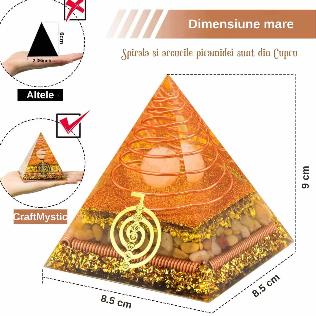 Piramida Orgonit 8.5 cm pentru energie pozitiva, echilibrare spirituala si protectie impotriva emisiilor electromagnetice