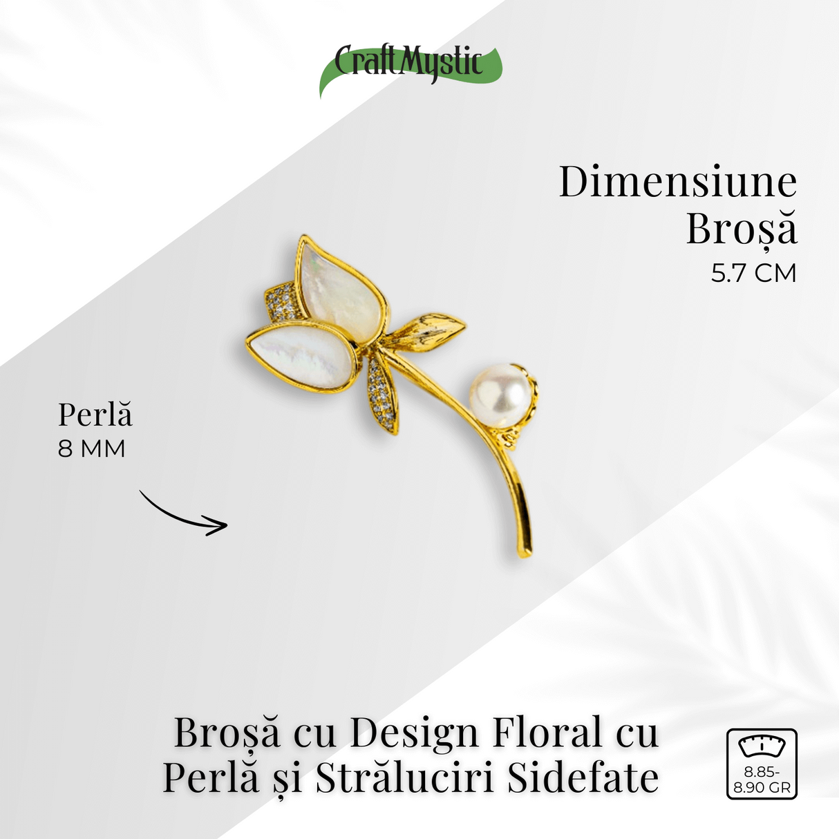 Raza de lumina - Brosa cu design floral cu perla si straluciri sidefate