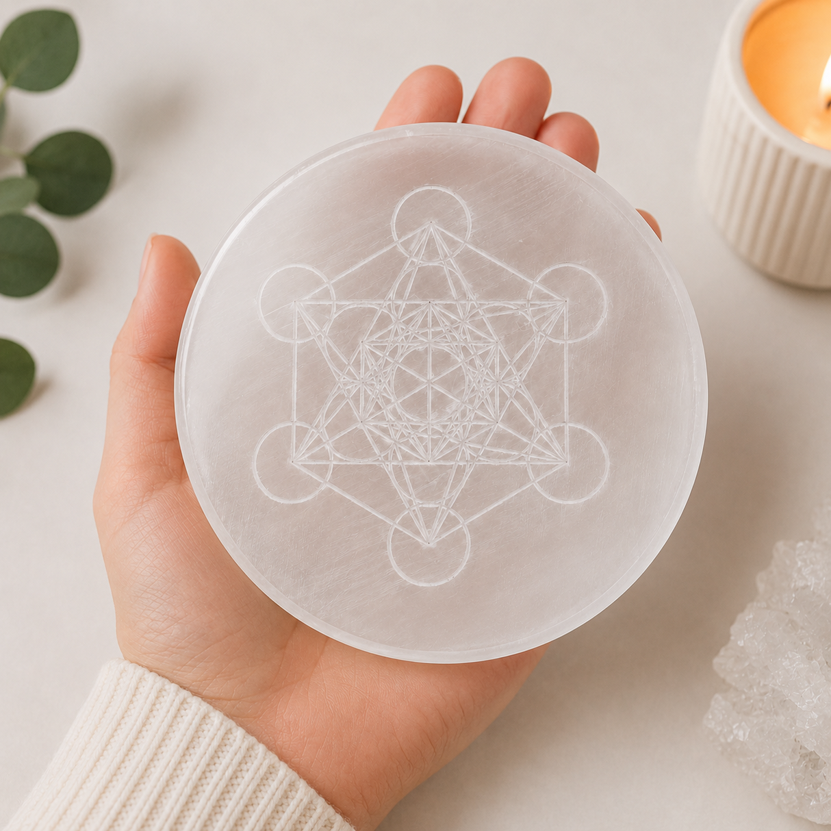 Placa din Selenit Natural cu Cubul lui Metatron – Purificare si Armonie Energetica