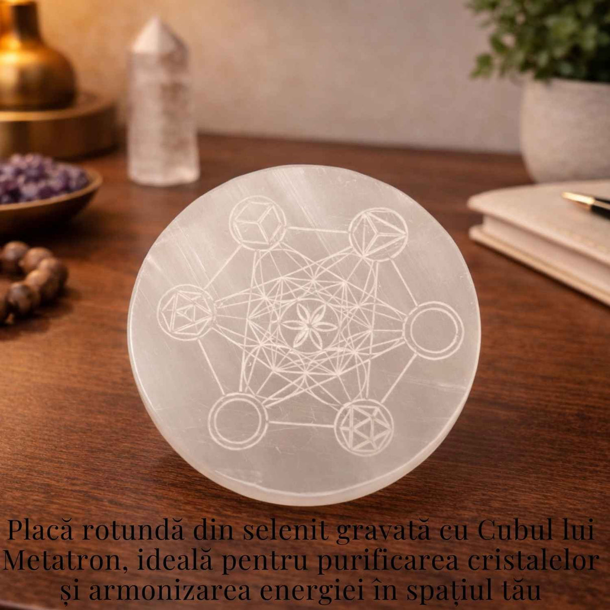 Placa Rotunda din Selenit Natural cu Cubul lui Metatron 8x8 cm– Purificare si Echilibru Energetic