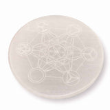 Placa Rotunda din Selenit Natural cu Cubul lui Metatron 8x8 cm– Purificare si Echilibru Energetic