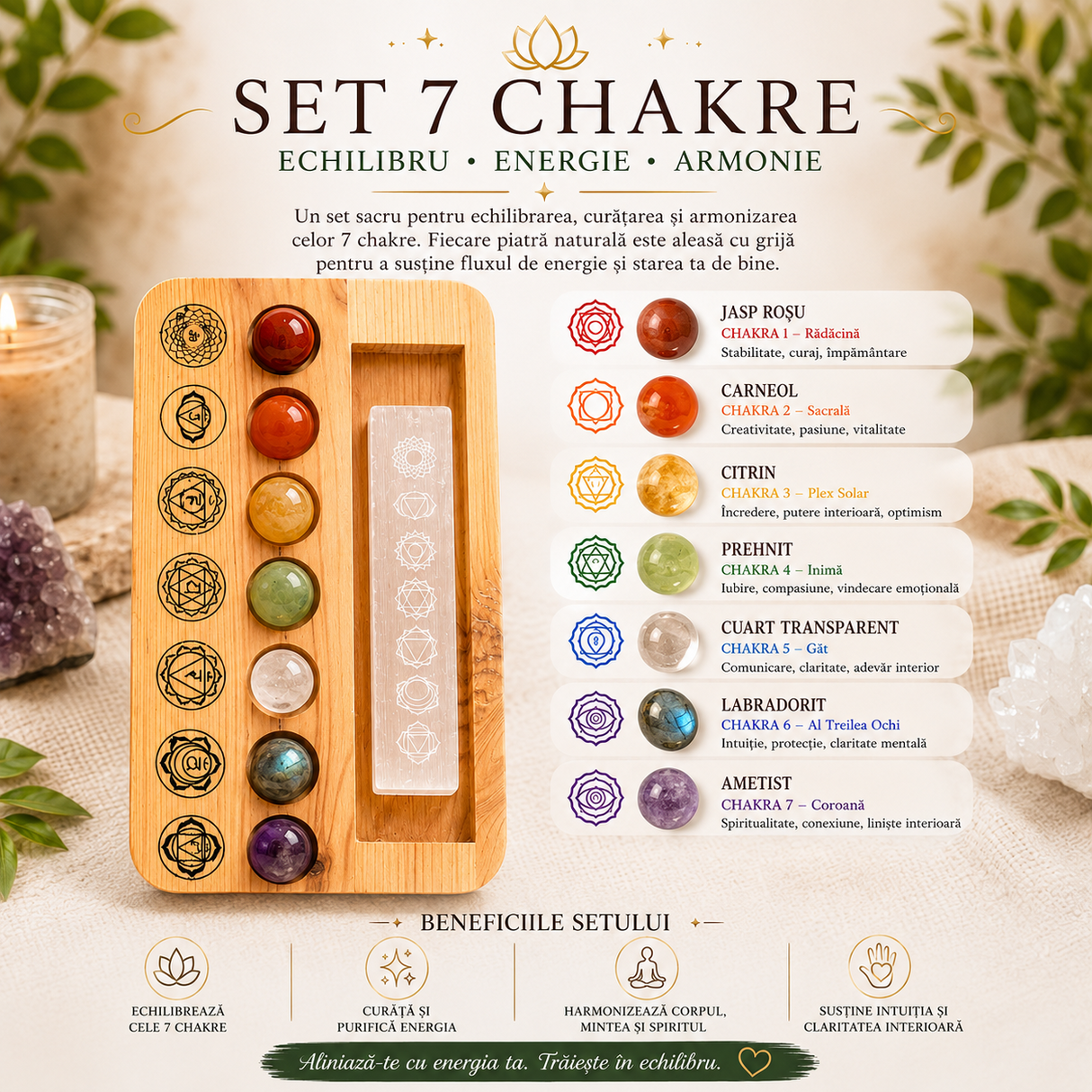 Set 7 Pietre Chakra cu Placa de Selenit si Suport din Lemn – Echilibru Energetic si Purificare