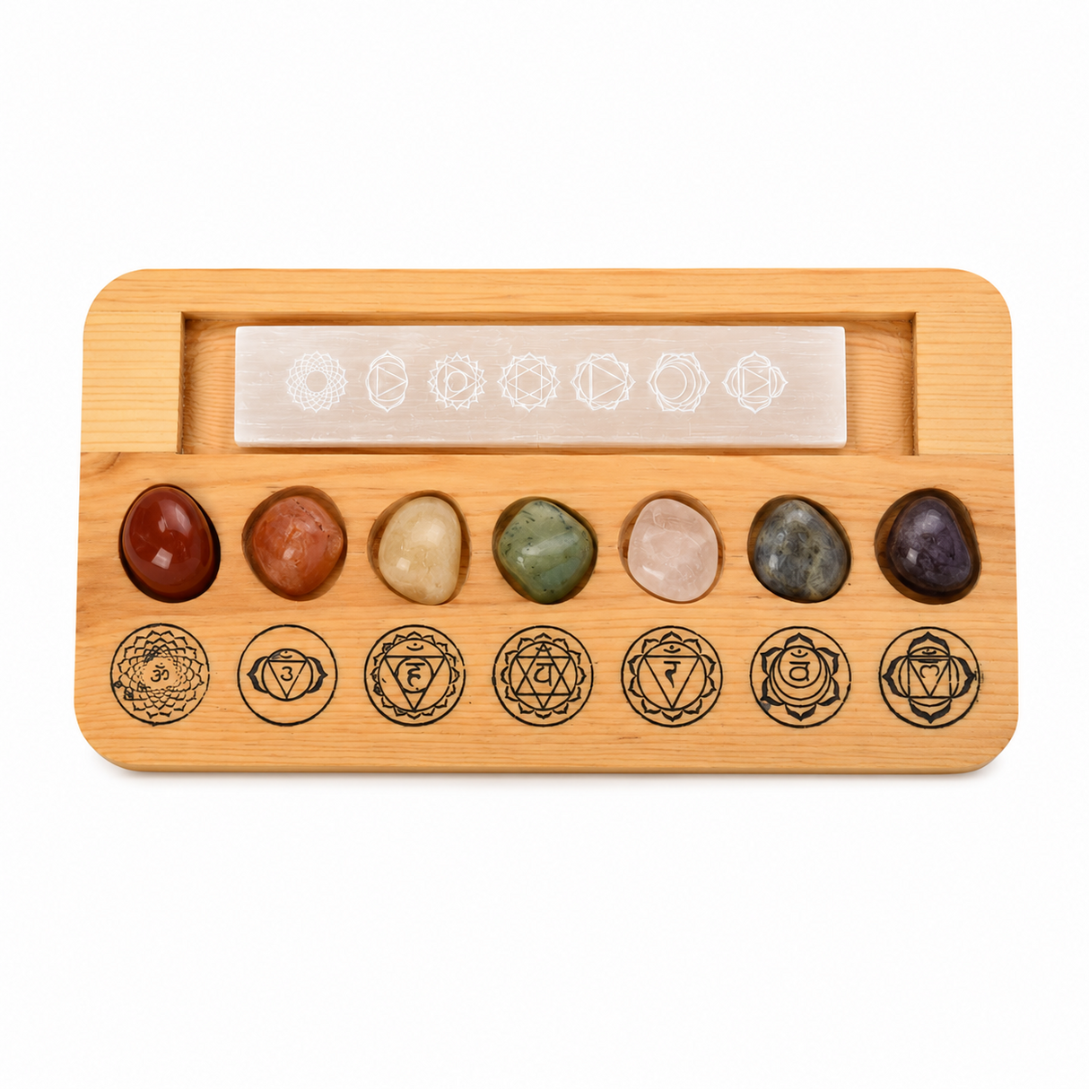 Set 7 Pietre Chakra cu Placa de Selenit si Suport din Lemn – Echilibru Energetic si Purificare