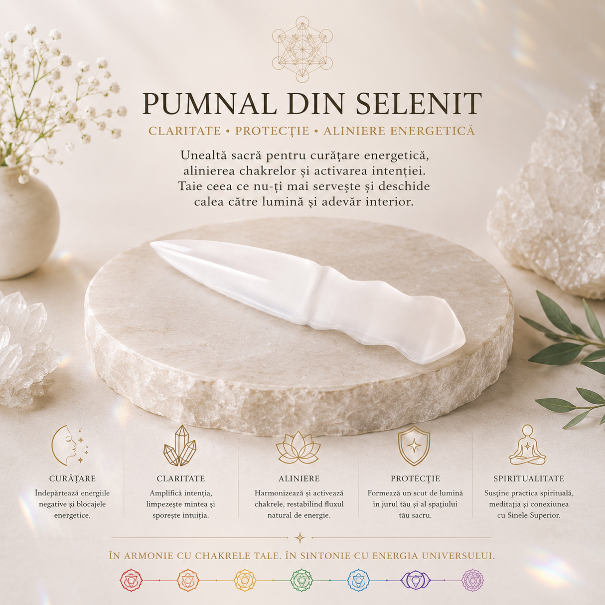 Pumnal din Selenit Natural – Purificare, Claritate si Armonie Energetica