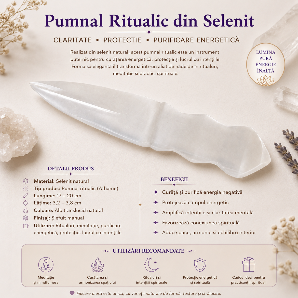 Pumnal din Selenit Natural – Purificare, Claritate si Armonie Energetica