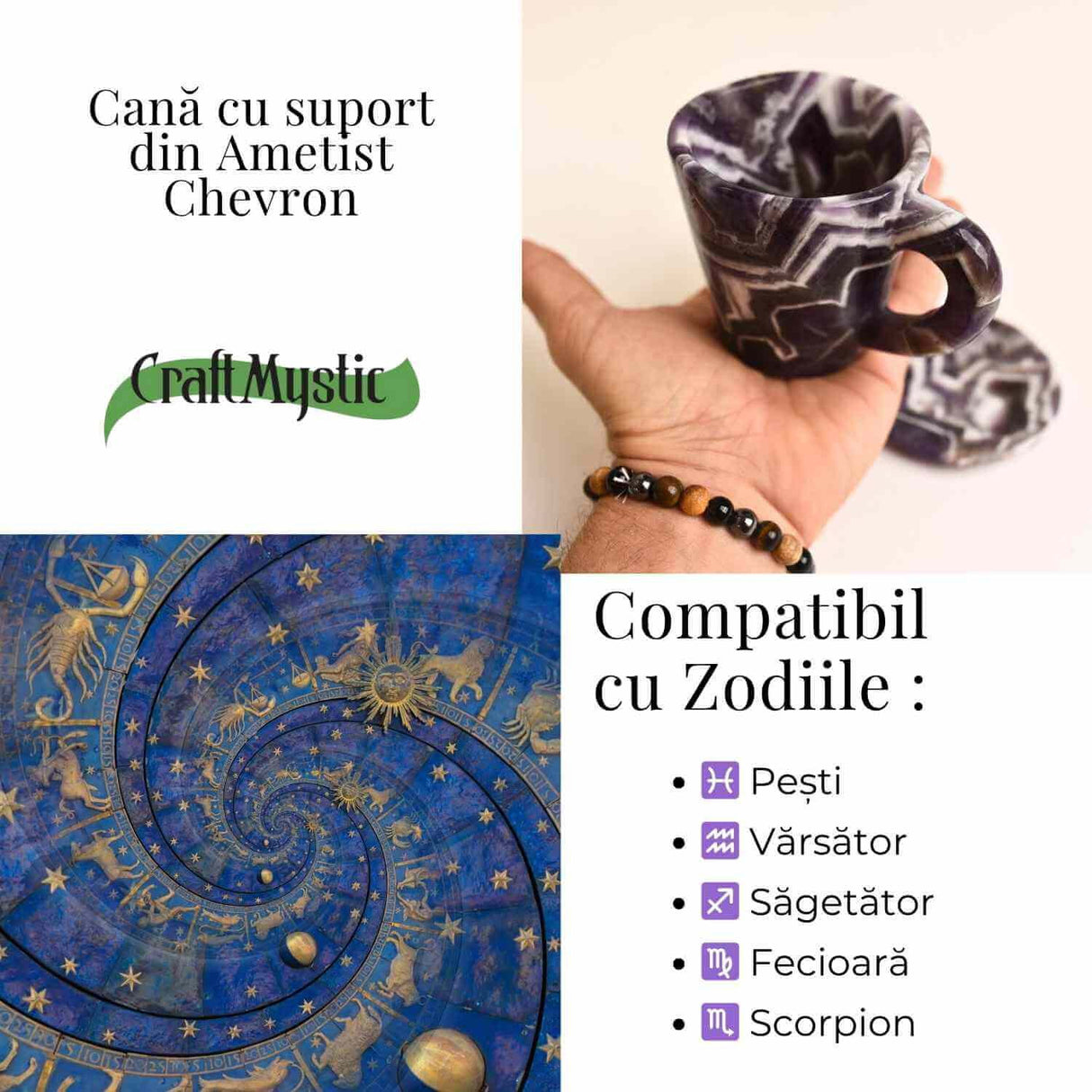 Cana din Ametist Chevron cu suport - Un ritual al rafinamentului spiritual