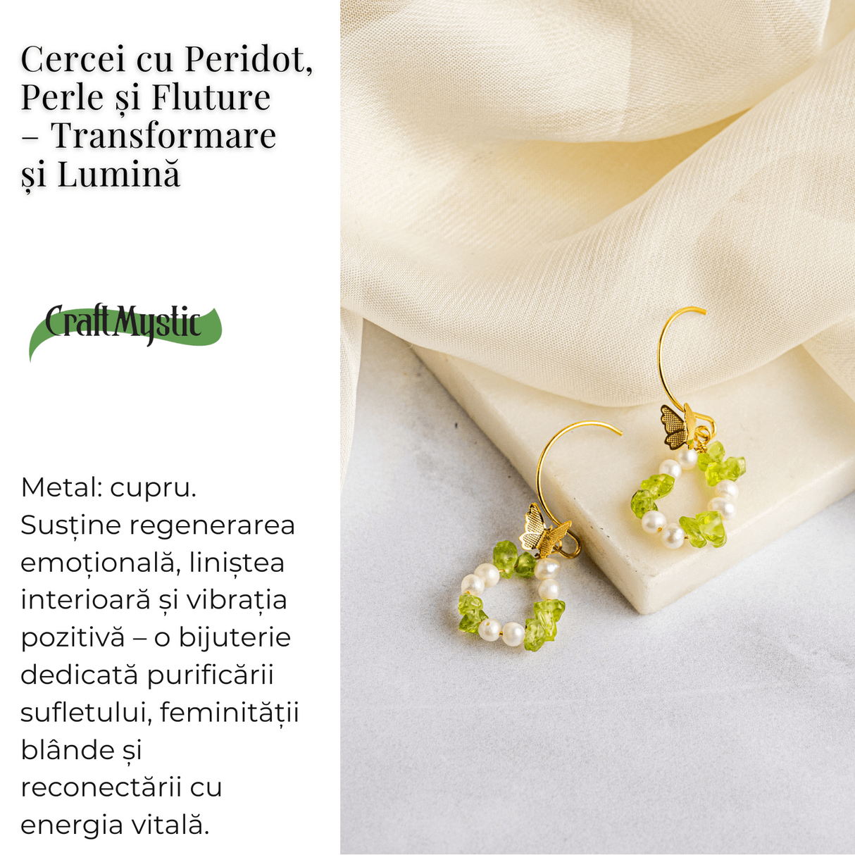 Transformare si Lumina - Cercei cu Peridot, Perle si Fluture