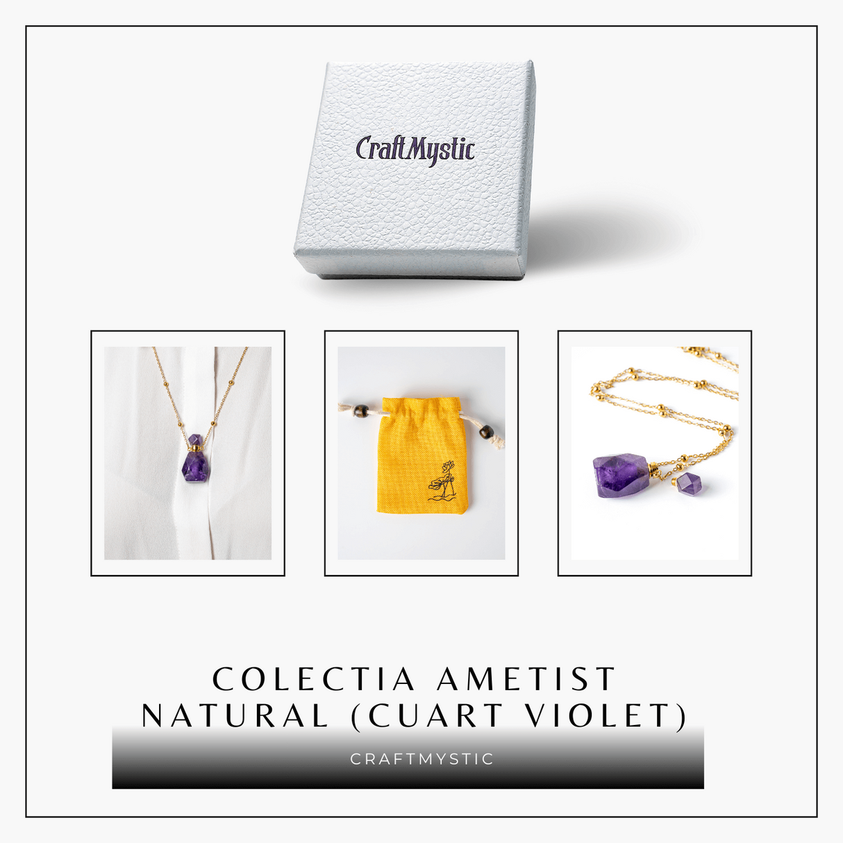 Claritate si Protectie - Colier Sticluta din Ametist Natural Fatetat, lant din Cupru Placat Auriu