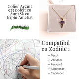 Calm Interior si Claritate Mentala - Colier inox si pandantiv argint 925 placat cu aur de18k si Triplu Ametist