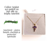 Calm Interior si Claritate Mentala - Colier inox si pandantiv argint 925 placat cu aur de18k si Triplu Ametist