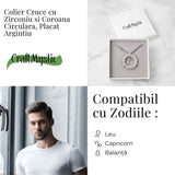 Protectie si Credinta - Colier Cruce cu Zirconiu si Coroana Circulara, Placat Argintiu