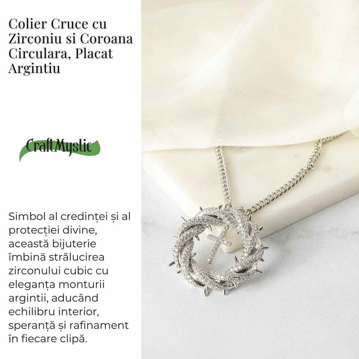 Protectie si Credinta - Colier Cruce cu Zirconiu si Coroana Circulara, Placat Argintiu
