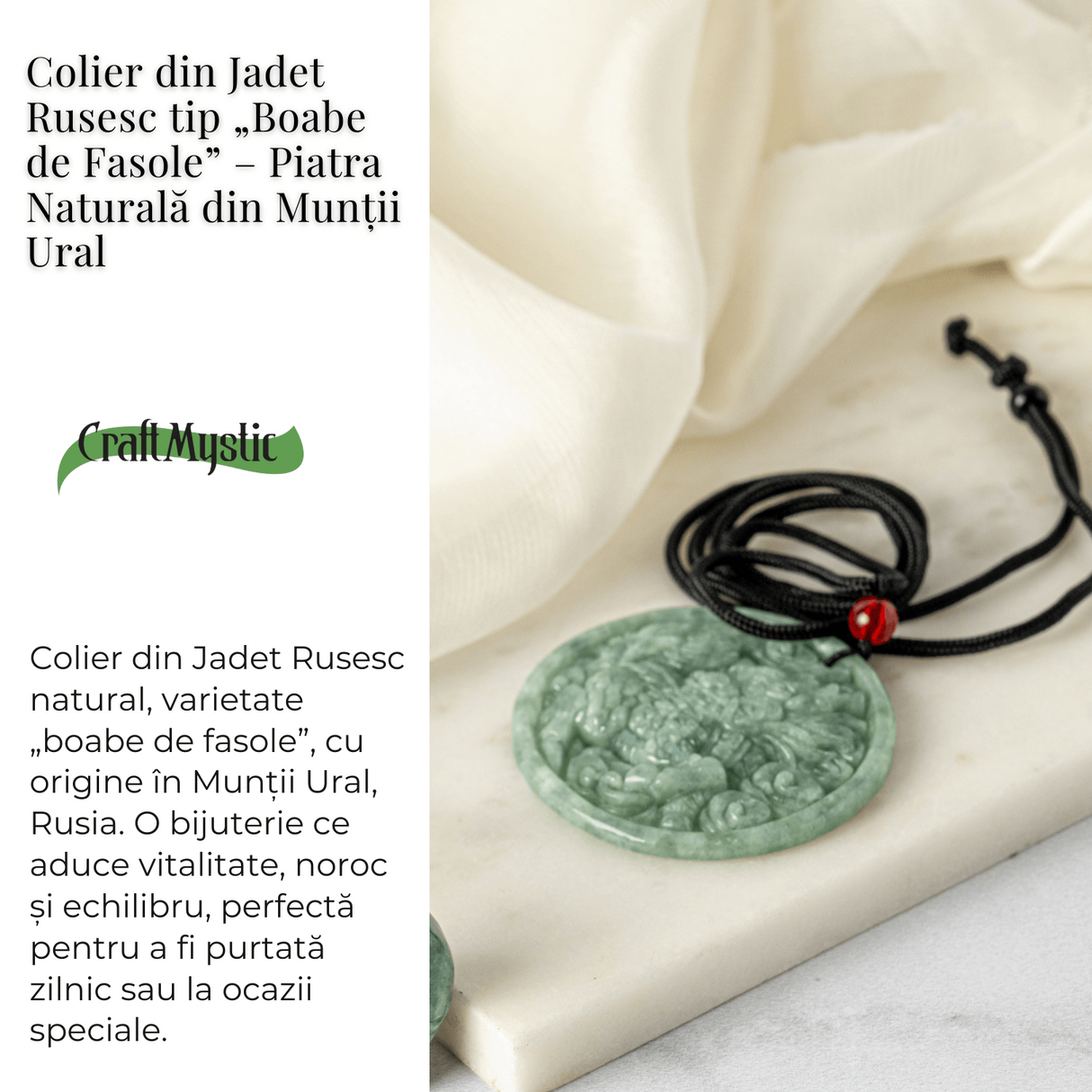 Colier din jadit rusesc natural cu dragon protectiv - talisman de forta si echilibru