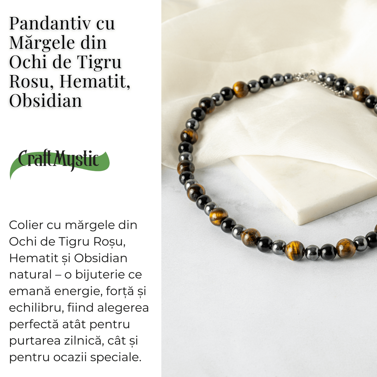 Putere si Protectie - Colier cu Ochi de Tigru, Hematit si Obsidian pe Lant din Otel Inoxidabil