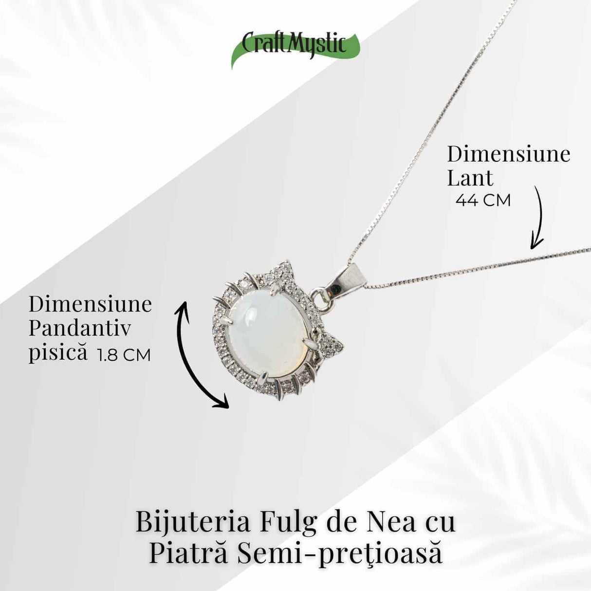 Puritate si Armonie -Colier pisica din calcedonie alba naturala cu lant din argint 925