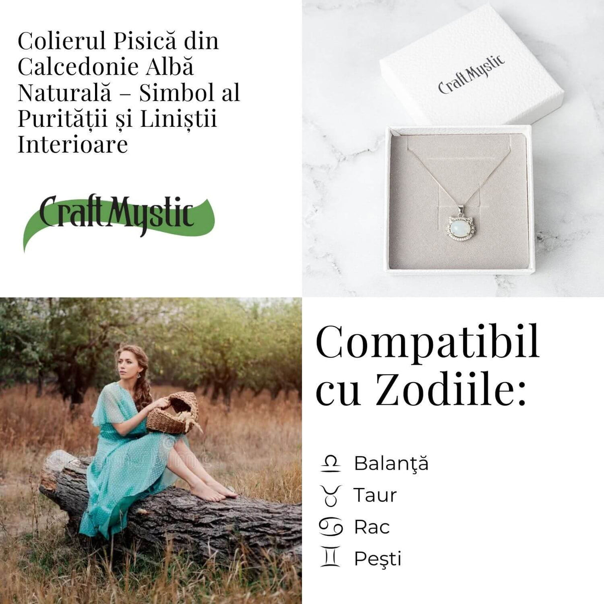 Puritate si Liniste - Colier Fulgi de Nea din Otel Inoxidabil cu Calcedonie Alba Naturala