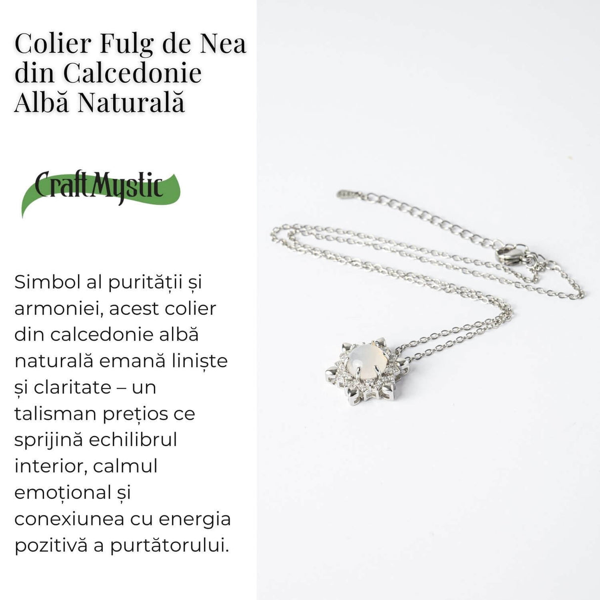 Puritate si Liniste - Colier Fulgi de Nea din Otel Inoxidabil cu Calcedonie Alba Naturala