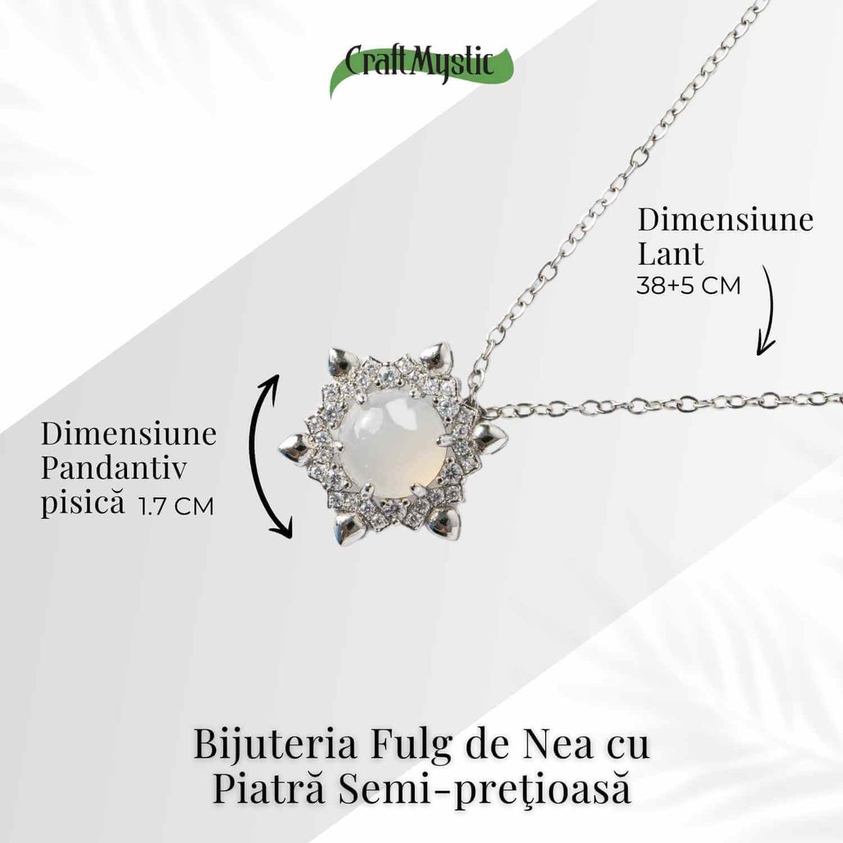Puritate si Liniste - Colier Fulgi de Nea din Otel Inoxidabil cu Calcedonie Alba Naturala
