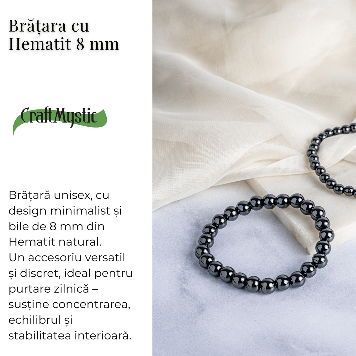 Bratara cu Hematit 8 mm Impamantare si Focus - Unisex, minimalista, puternica