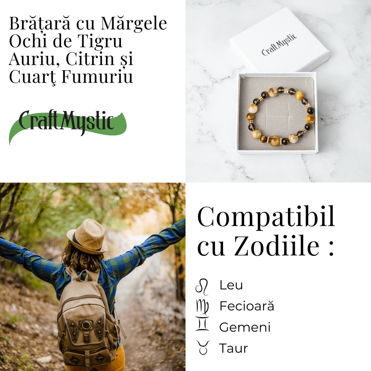 Energie si Abundenta - Bratara din Ochi de Tigru Auriu, Ochi de Tigru, Citrin si Cuart Fumuriu Natural