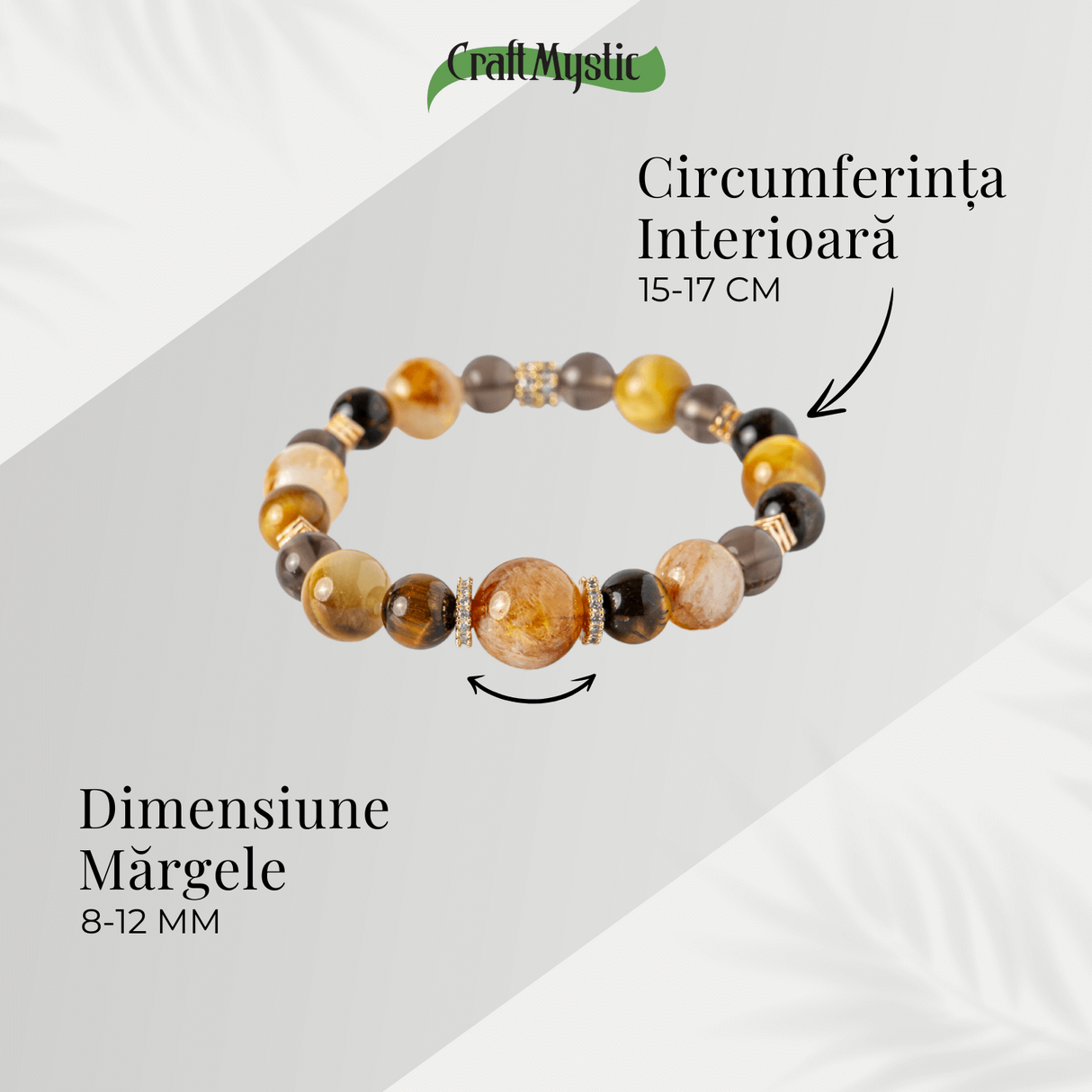 Energie si Abundenta - Bratara din Ochi de Tigru Auriu, Ochi de Tigru, Citrin si Cuart Fumuriu Natural