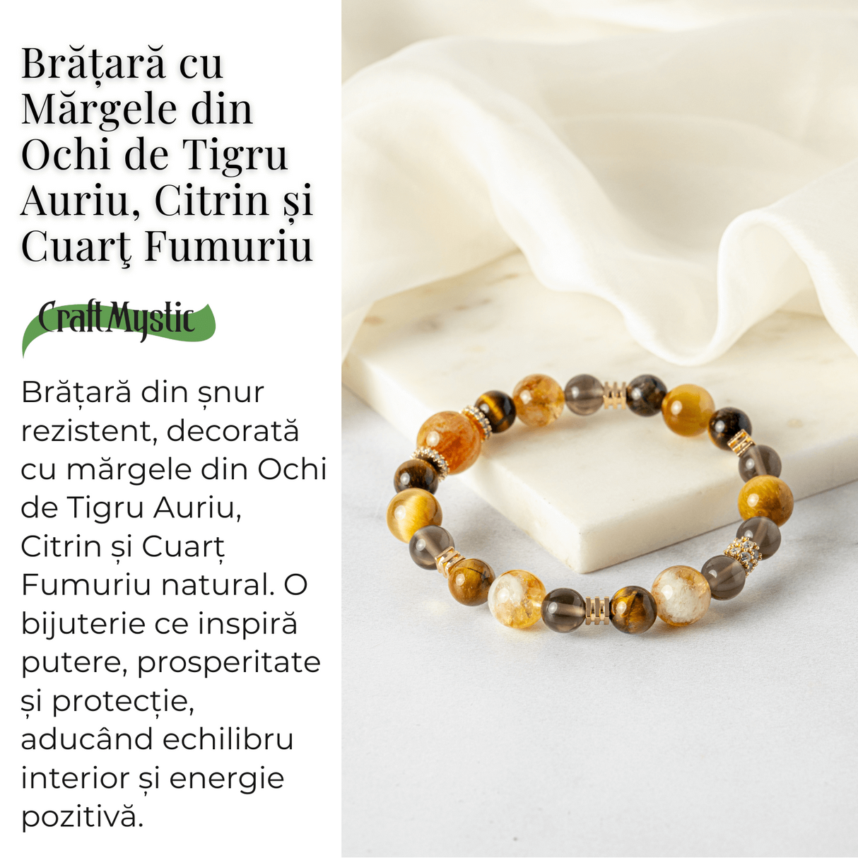 Energie si Abundenta - Bratara din Ochi de Tigru Auriu, Ochi de Tigru, Citrin si Cuart Fumuriu Natural