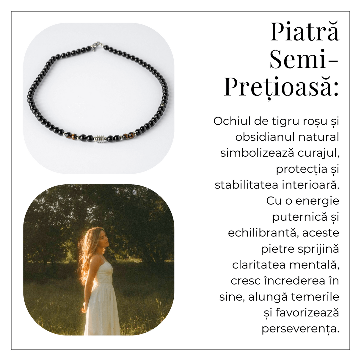 Energie si Protectie - Colier cu Ochi de Tigru Rosu si Obsidian pe Lant din Otel Inoxidabil