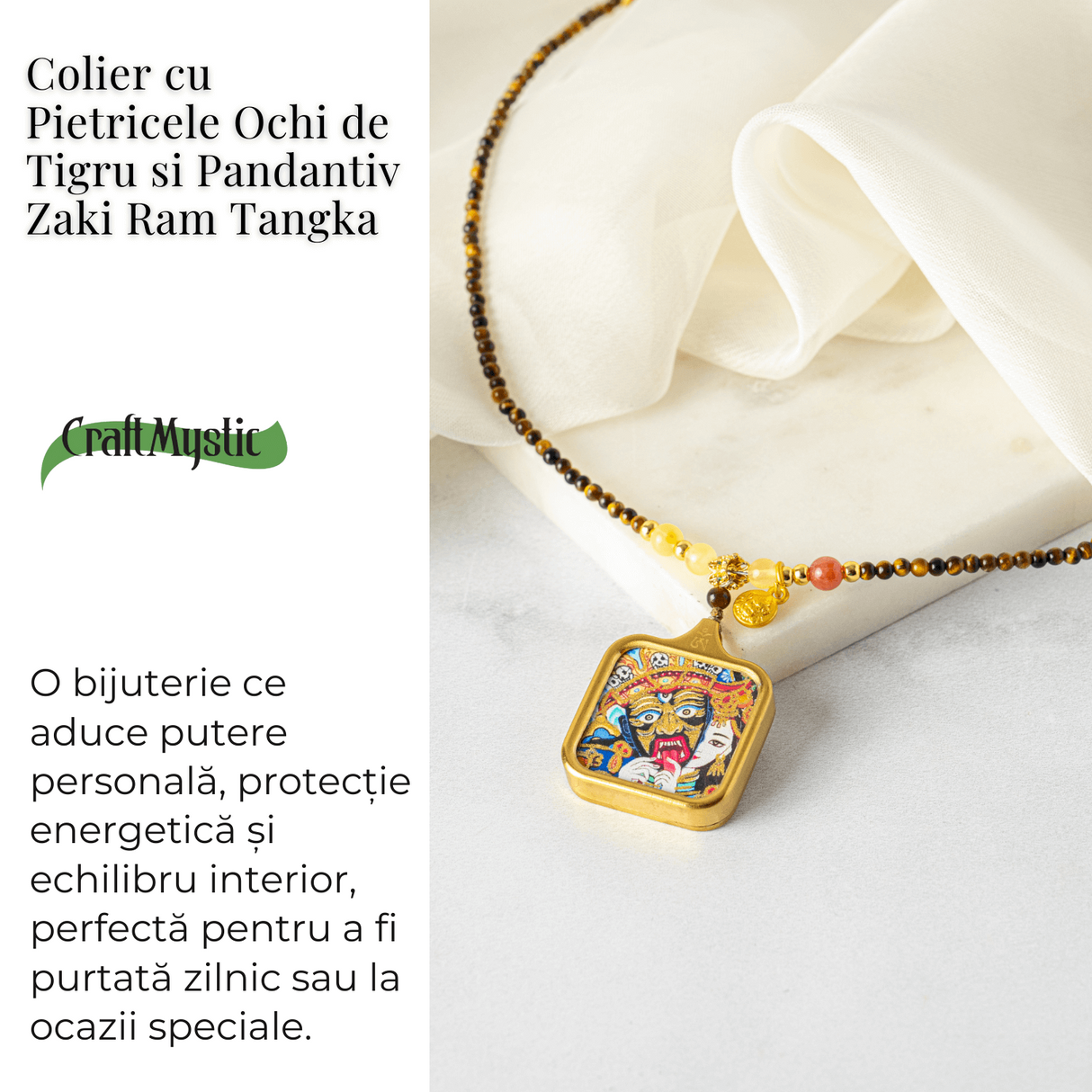 Putere si Protectie - Colier Zaki Ram Tangka cu Ochi de Tigru Natural