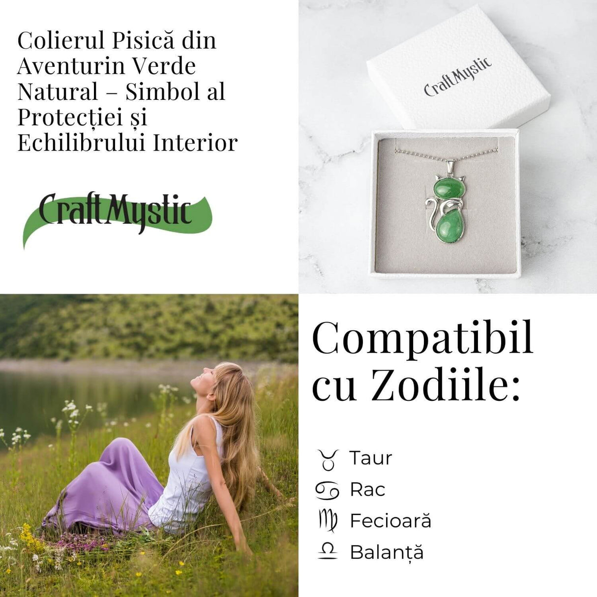 Noroc si Vitalitate - Colier Pisica din Otel Inoxidabil cu Aventurin Verde