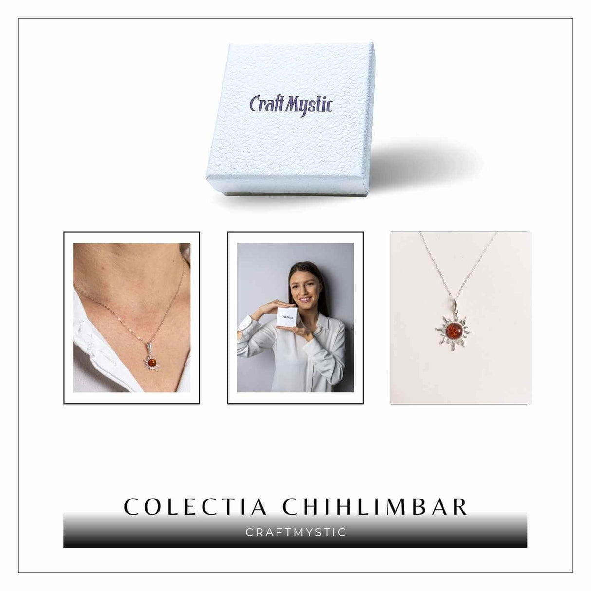 Colier Soare cu Chihlimbar Natural si Lant Argint 925 Ajustabil
