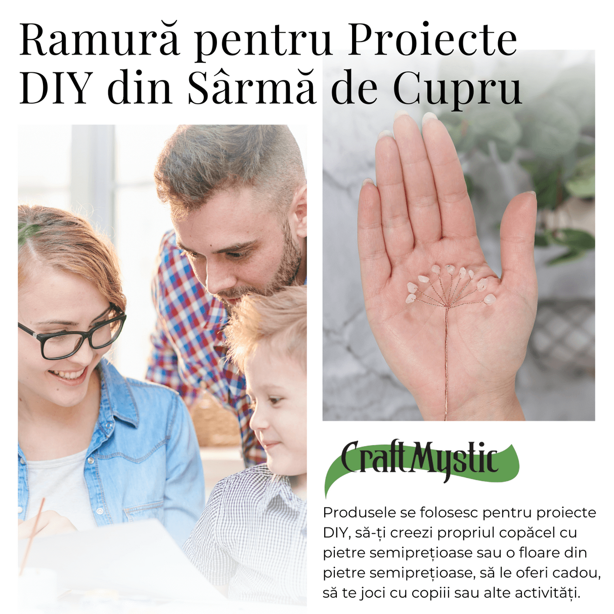 Ramurica Decorativă DIY cu Pietre Naturale Cuart Roz (9 Pietricele)